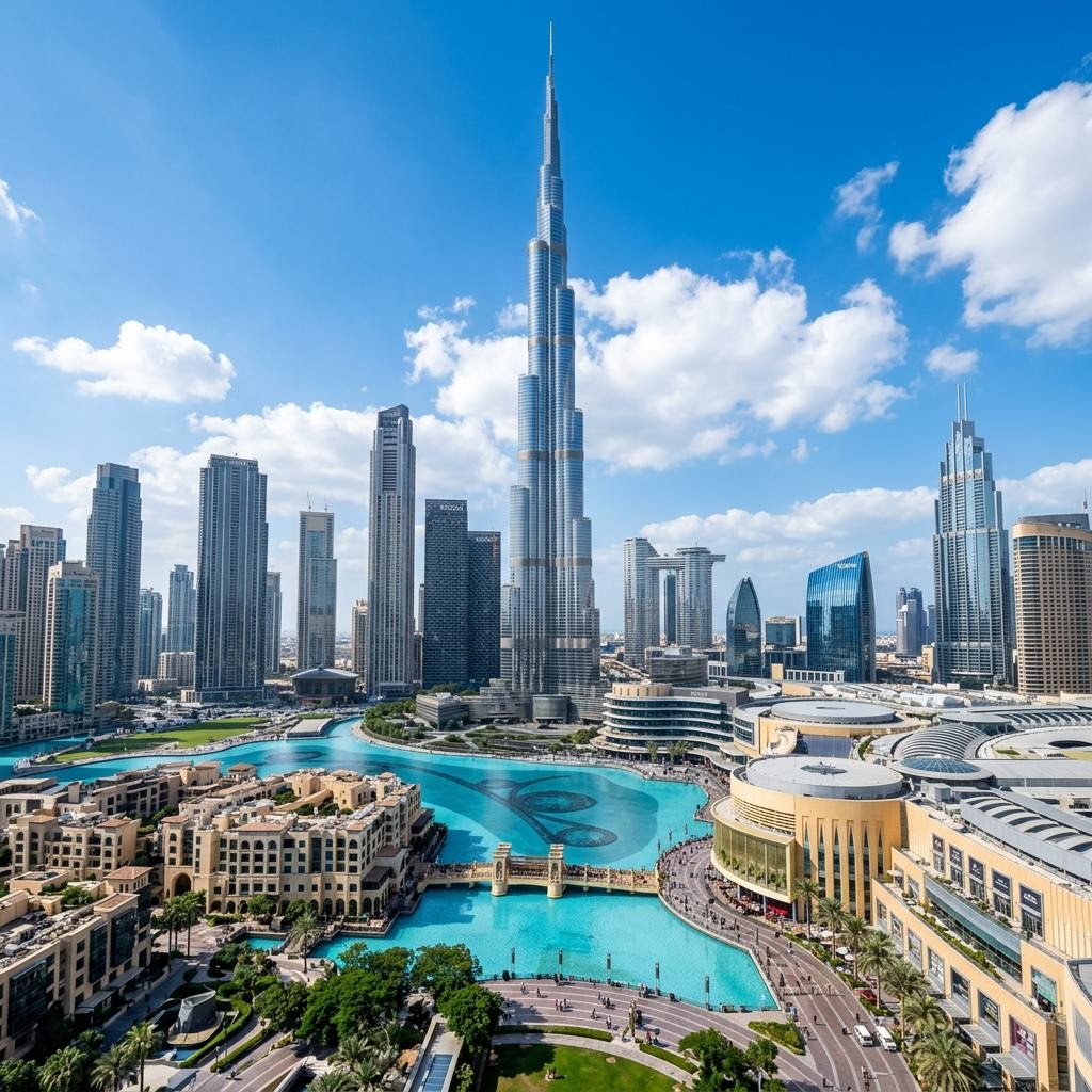 أفق دبي وأبراجها وقت الغروب
